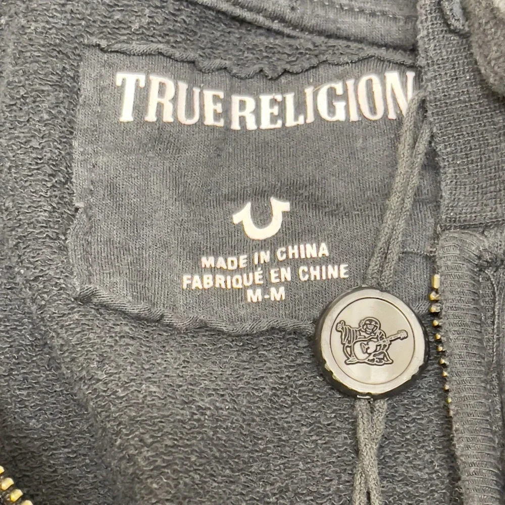 True Religion‎ Jacket Hoodie Men Medium Black Metallic Gold Double Puff Full Zip